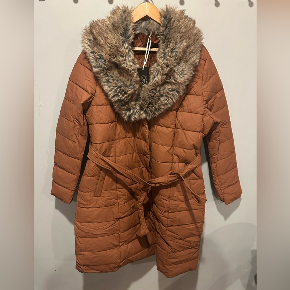 NWT Brown Quilted trench Coat with detachable Faux Fur Collar